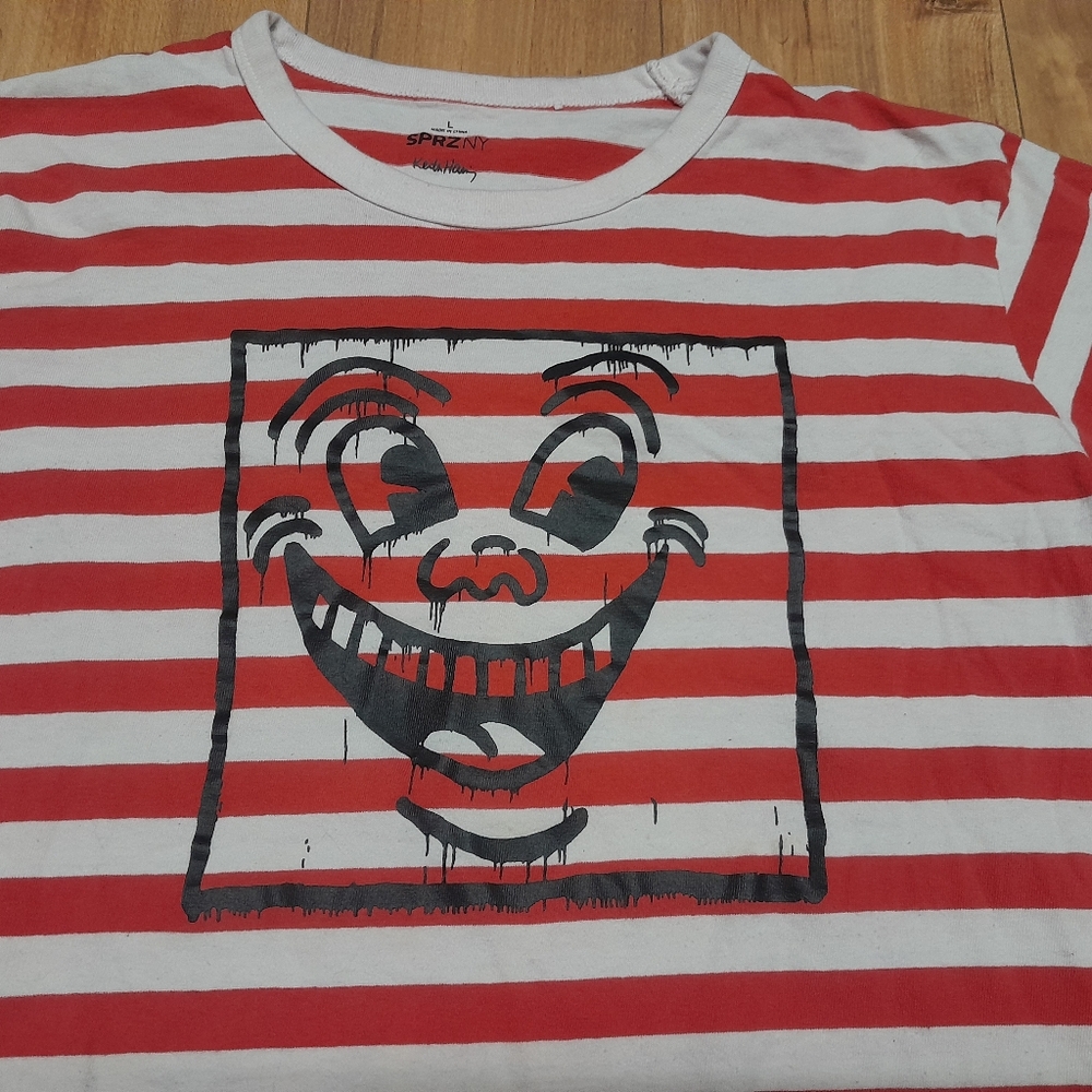 Uniqlo x SPRZNY Keith Haring Shirt Mens Large Red White Striped Face Smile